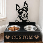 Personalized rat terrier metal dog bowl stand with custom name cutout and two removable feeding bowls