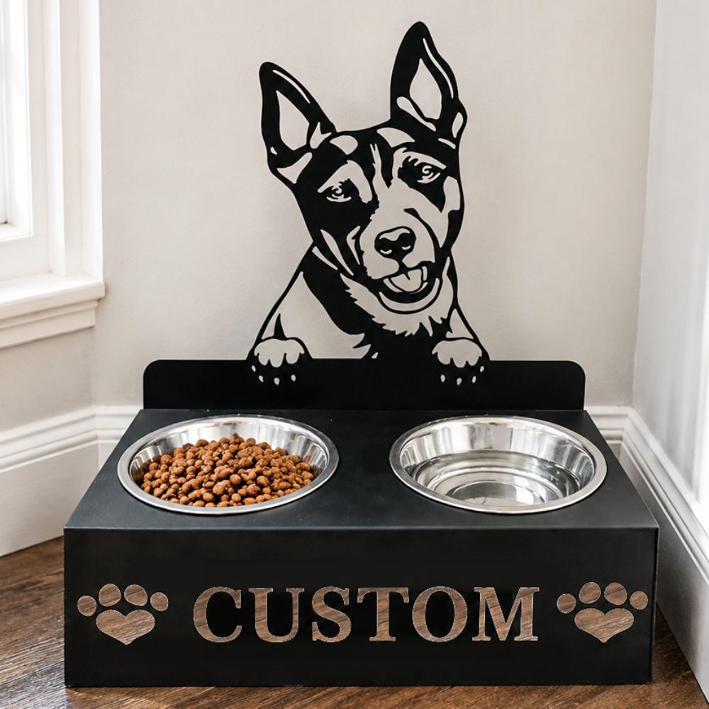 Personalized rat terrier metal dog bowl stand with custom name cutout and two removable feeding bowls