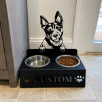 Personalized rat terrier metal dog bowl stand with custom name cutout and two removable feeding bowls