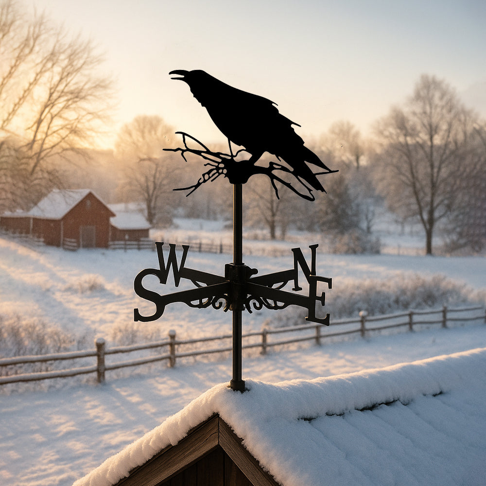 Raven on branch metal weather vane with directional arrows and mounting rod, outdoor roof and garden decoration