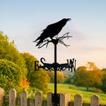 Raven on branch metal weather vane with directional arrows and mounting rod, outdoor roof and garden decoration