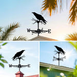 Raven on branch metal weather vane with directional arrows and mounting rod, outdoor roof and garden decoration