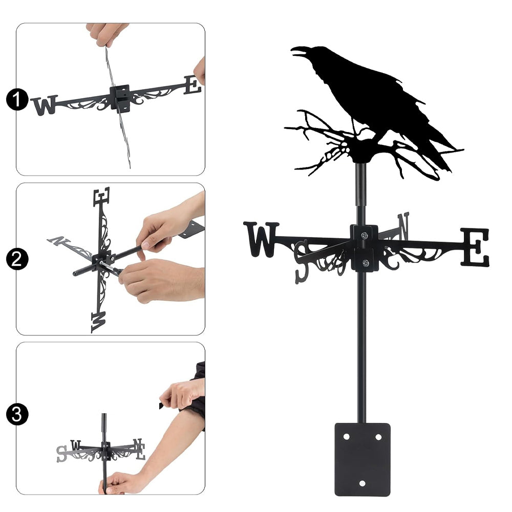 Raven on branch metal weather vane with directional arrows and mounting rod, outdoor roof and garden decoration