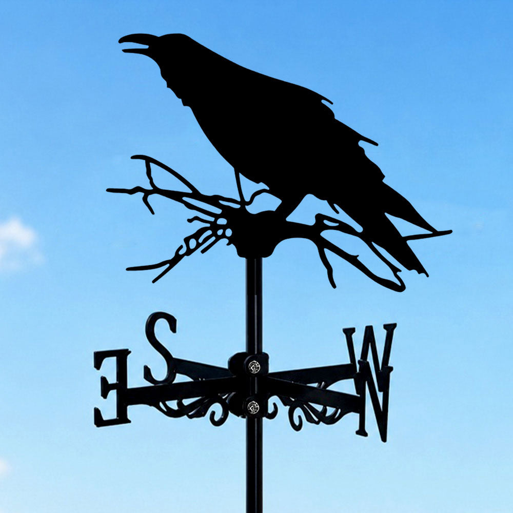Raven on branch metal weather vane with directional arrows and mounting rod, outdoor roof and garden decoration