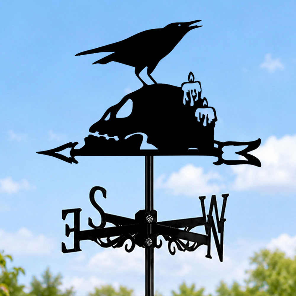 Raven on skull metal weather vane with directional arrows and mounting rod, outdoor roof and garden decoration