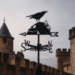 Raven on skull metal weather vane with directional arrows and mounting rod, outdoor roof and garden decoration