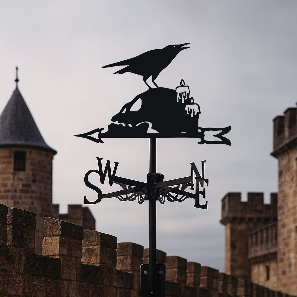 Raven on skull metal weather vane with directional arrows and mounting rod, outdoor roof and garden decoration