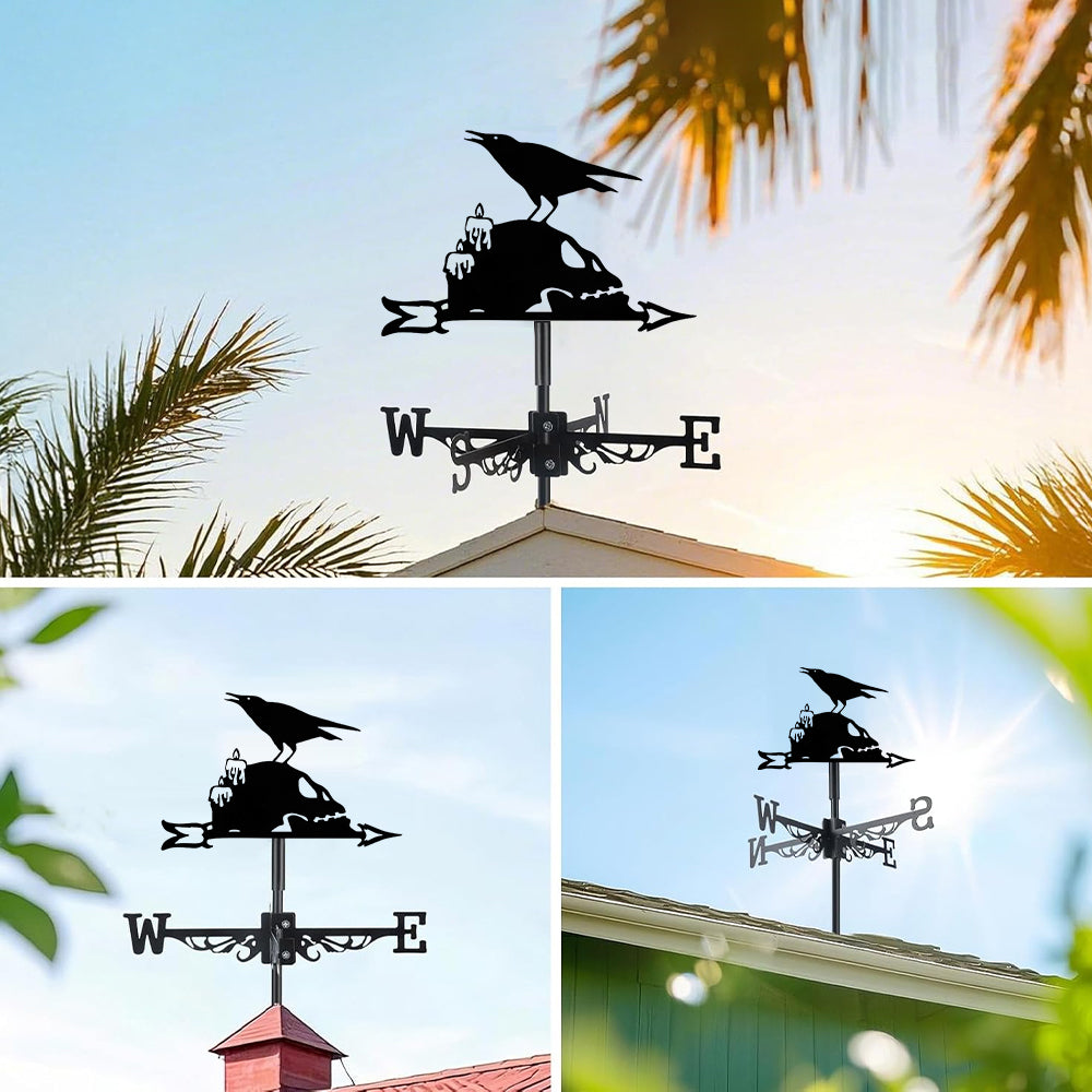 Raven on skull metal weather vane with directional arrows and mounting rod, outdoor roof and garden decoration