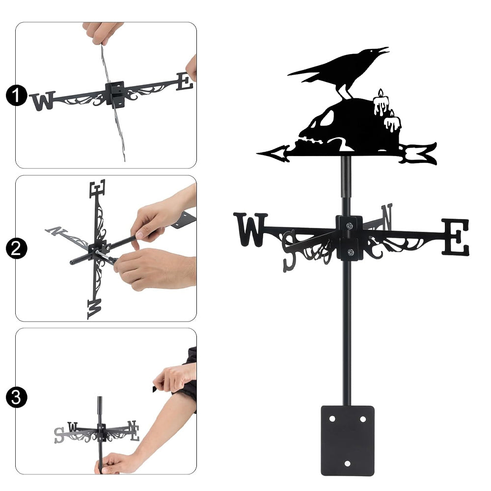 Raven on skull metal weather vane with directional arrows and mounting rod, outdoor roof and garden decoration