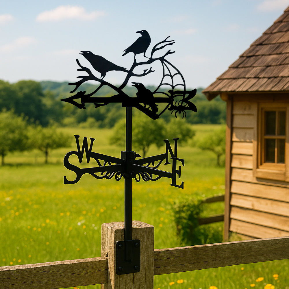 Ravens on branches with spider metal weather vane with directional arrows and mounting rod, outdoor roof and garden decoration