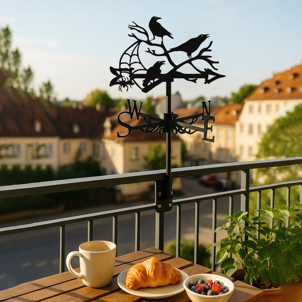 Ravens on branches with spider metal weather vane with directional arrows and mounting rod, outdoor roof and garden decoration
