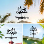 Ravens on branches with spider metal weather vane with directional arrows and mounting rod, outdoor roof and garden decoration