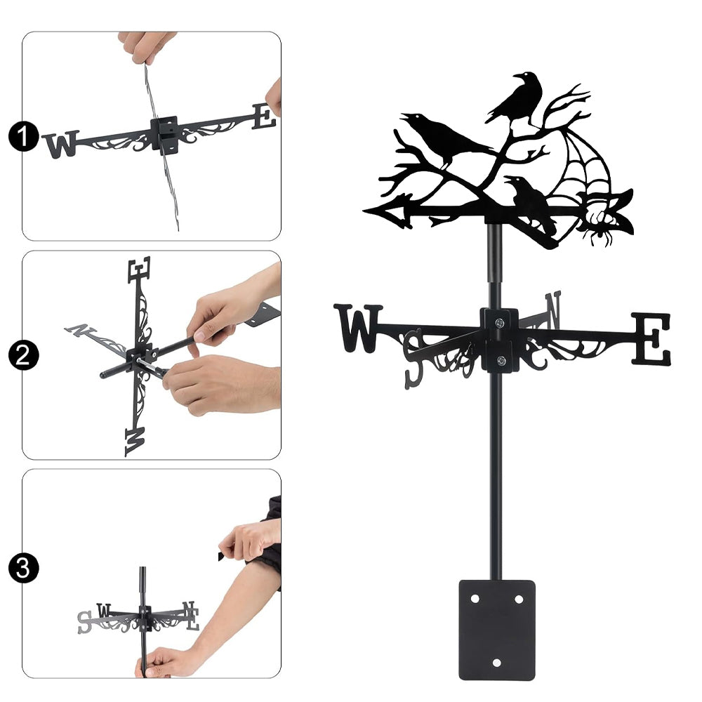 Ravens on branches with spider metal weather vane with directional arrows and mounting rod, outdoor roof and garden decoration