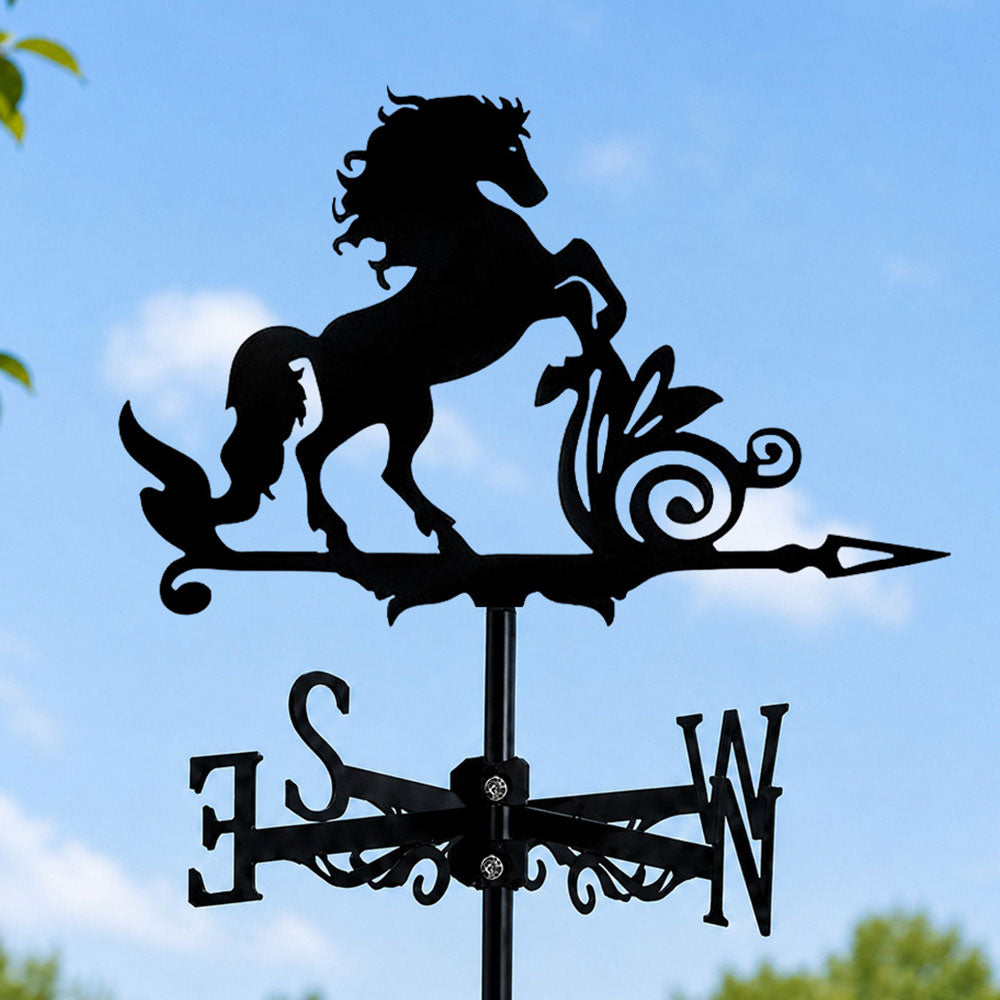 Rearing horse metal weather vane with directional arrows and mounting rod, outdoor roof and garden decoration