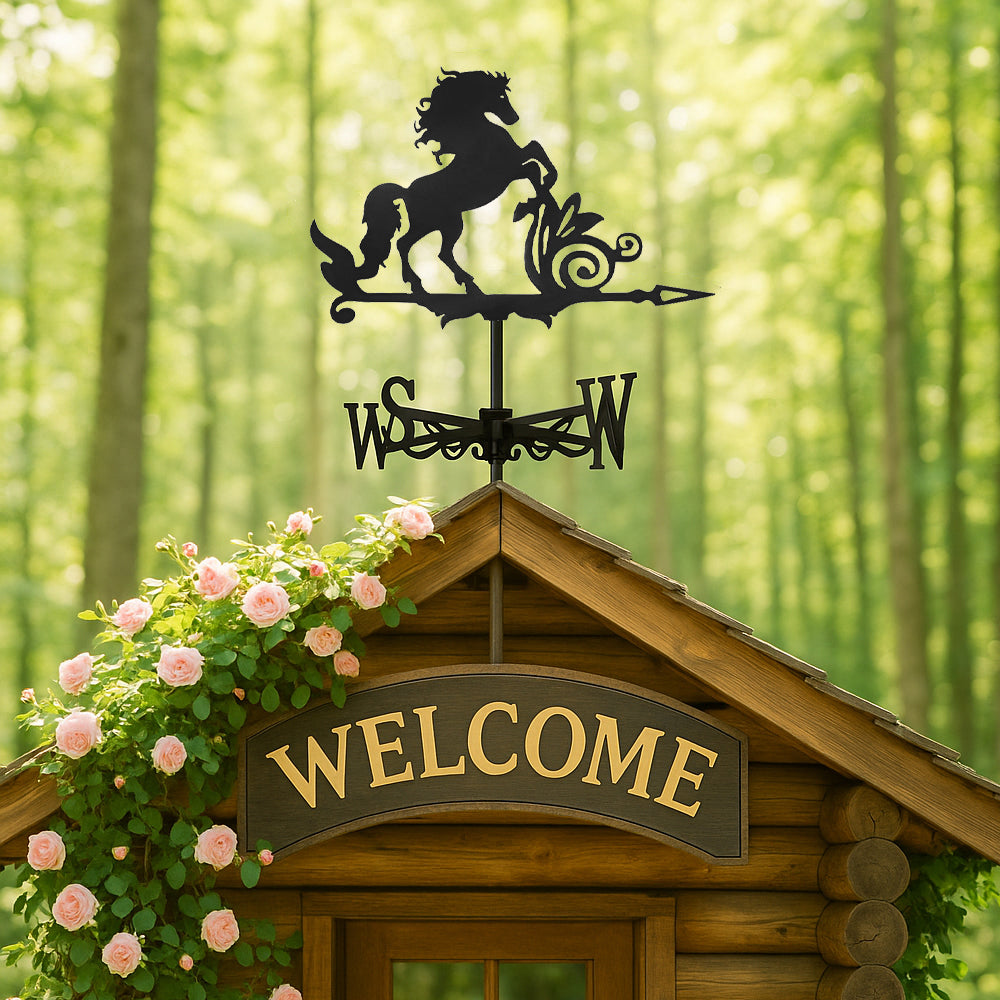 Rearing horse metal weather vane with directional arrows and mounting rod, outdoor roof and garden decoration