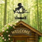 Rearing horse metal weather vane with directional arrows and mounting rod, outdoor roof and garden decoration