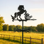 Rearing horse metal weather vane with directional arrows and mounting rod, outdoor roof and garden decoration
