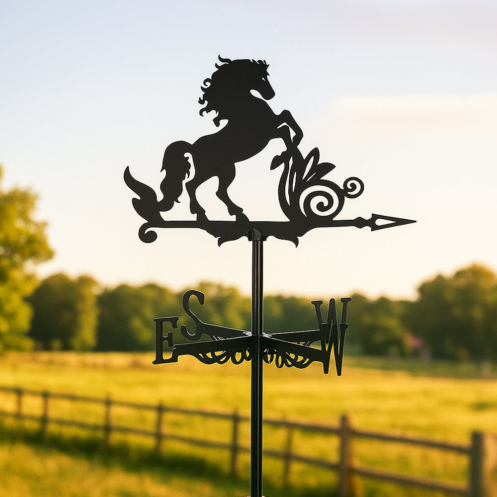 Rearing horse metal weather vane with directional arrows and mounting rod, outdoor roof and garden decoration