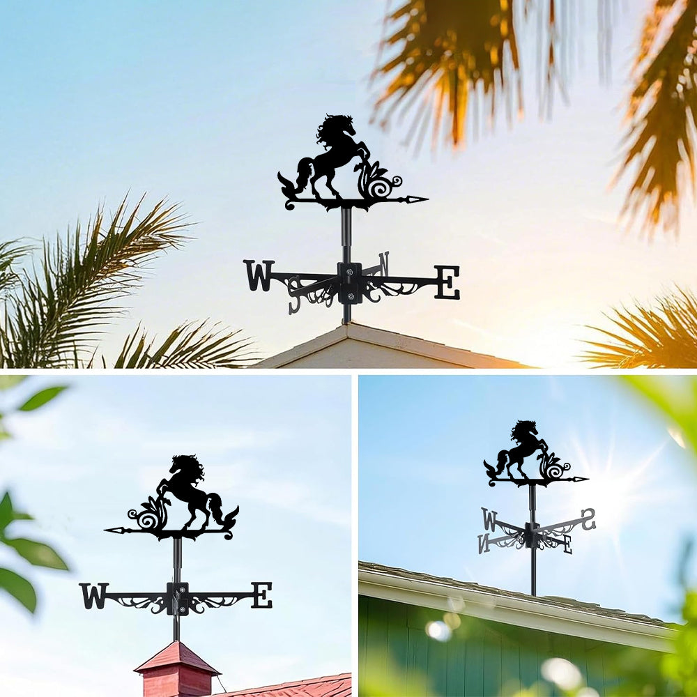 Rearing horse metal weather vane with directional arrows and mounting rod, outdoor roof and garden decoration