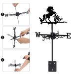 Rearing horse metal weather vane with directional arrows and mounting rod, outdoor roof and garden decoration