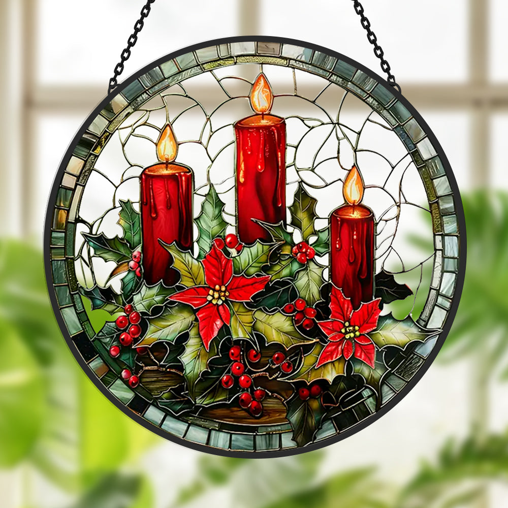 Red candles stained glass suncatcher window hanging, suitable for home and garden decoration