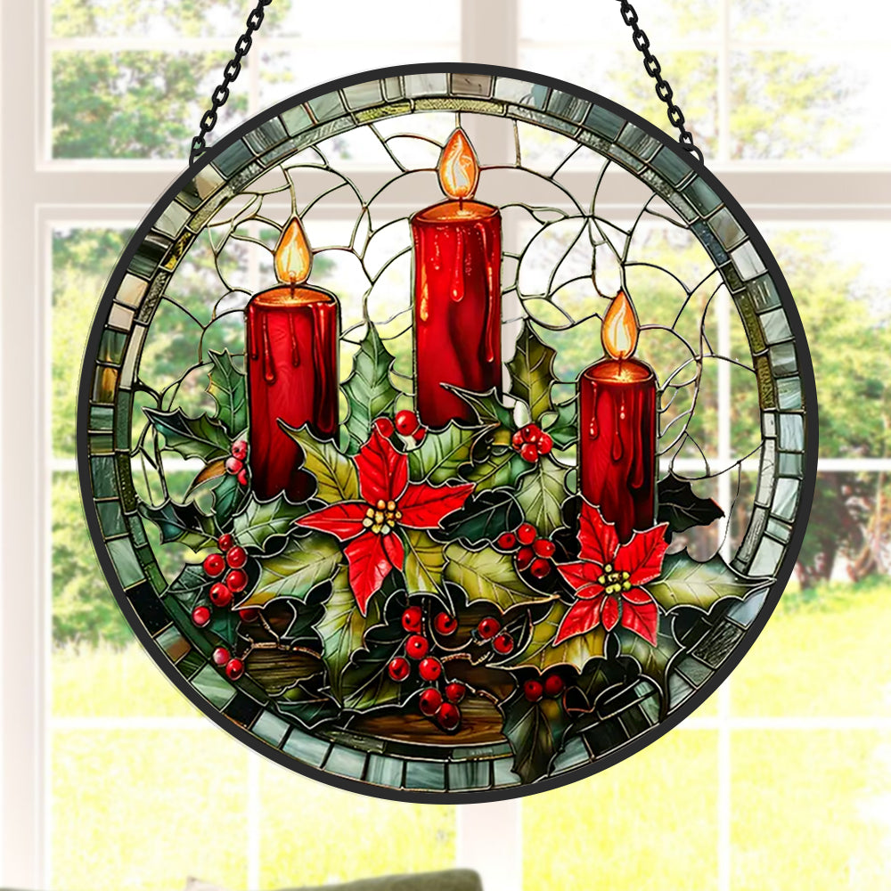 Red candles stained glass suncatcher window hanging, suitable for home and garden decoration