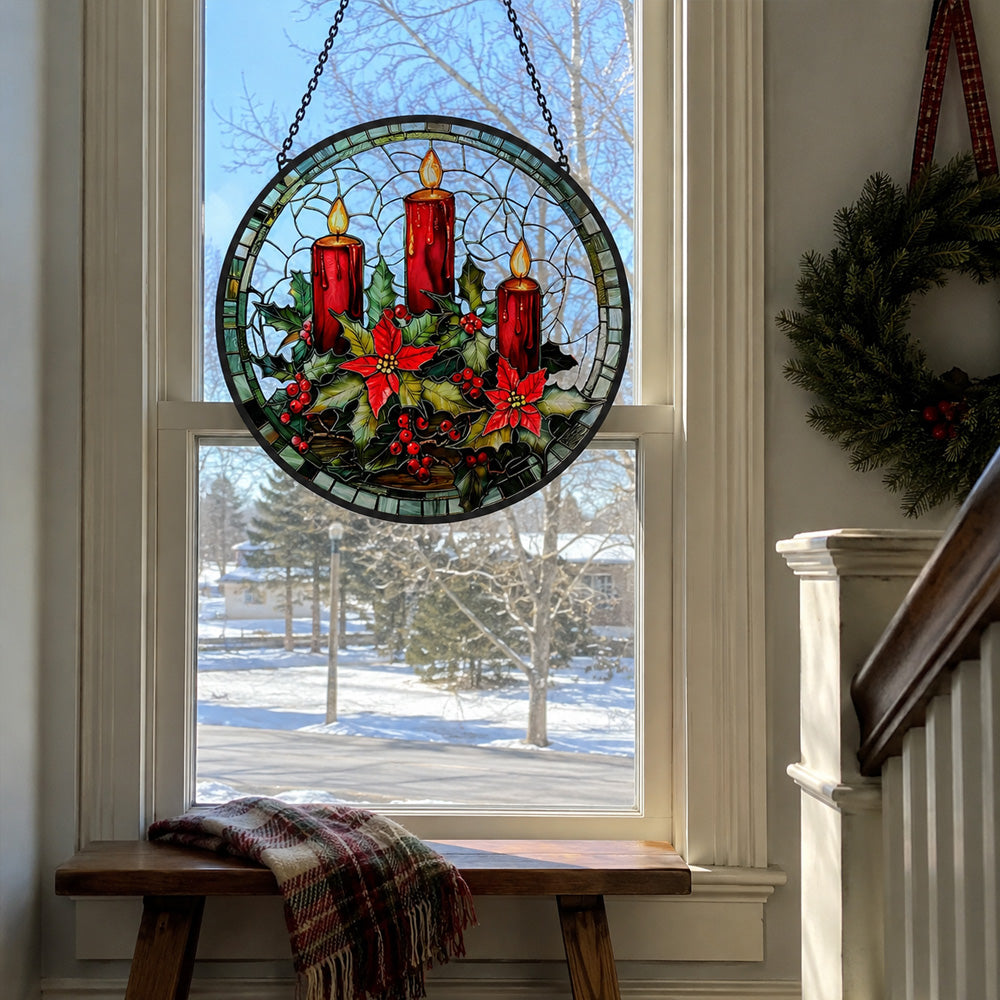 Red candles stained glass suncatcher window hanging, suitable for home and garden decoration