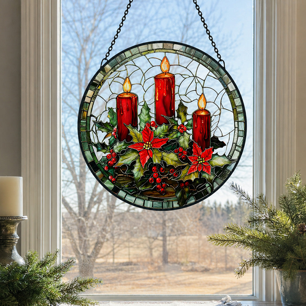 Red candles stained glass suncatcher window hanging, suitable for home and garden decoration