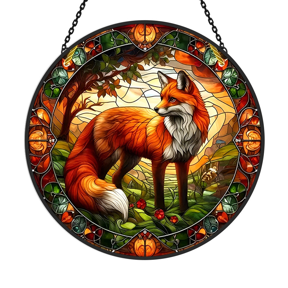 Red fox forest stained glass suncatcher window hanging, suitable for home and garden decoration