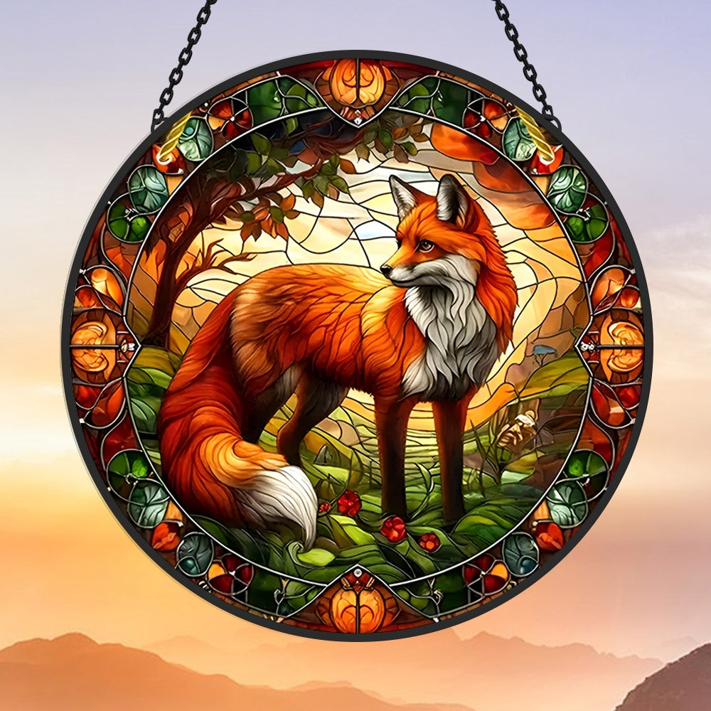 Red fox forest stained glass suncatcher window hanging, suitable for home and garden decoration
