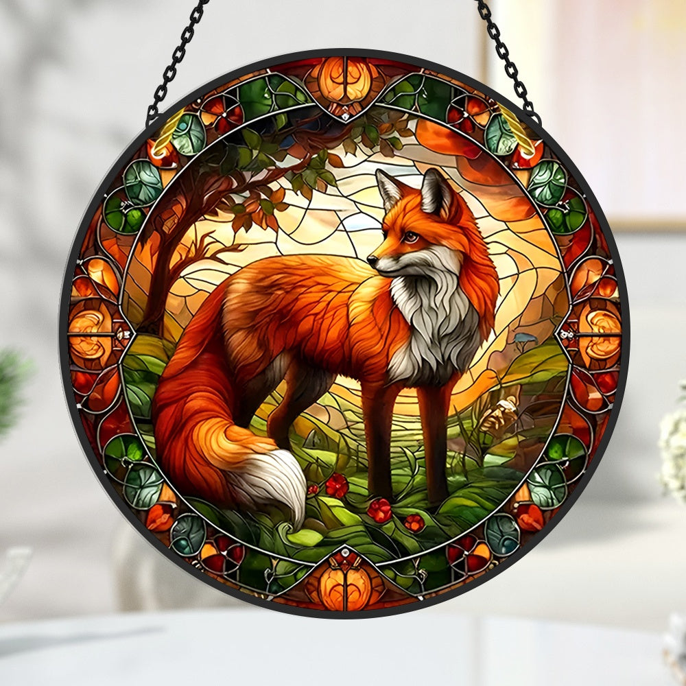 Red fox forest stained glass suncatcher window hanging, suitable for home and garden decoration