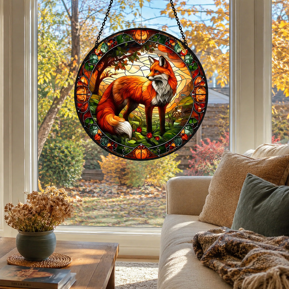 Red fox forest stained glass suncatcher window hanging, suitable for home and garden decoration