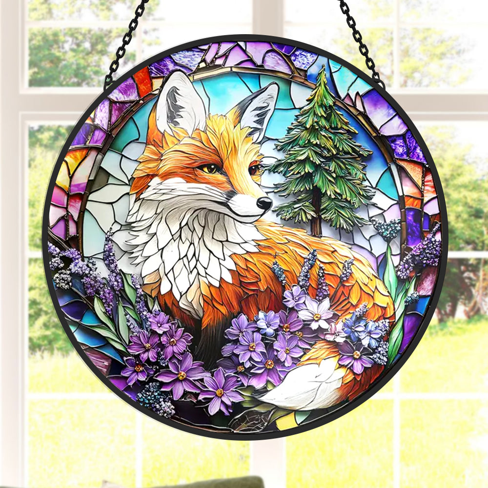 Red fox nature stained glass suncatcher window hanging, suitable for home and garden decoration