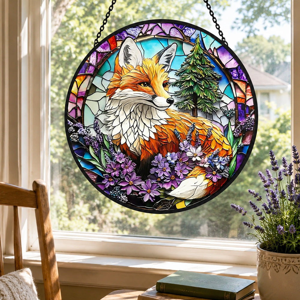 Red fox nature stained glass suncatcher window hanging, suitable for home and garden decoration