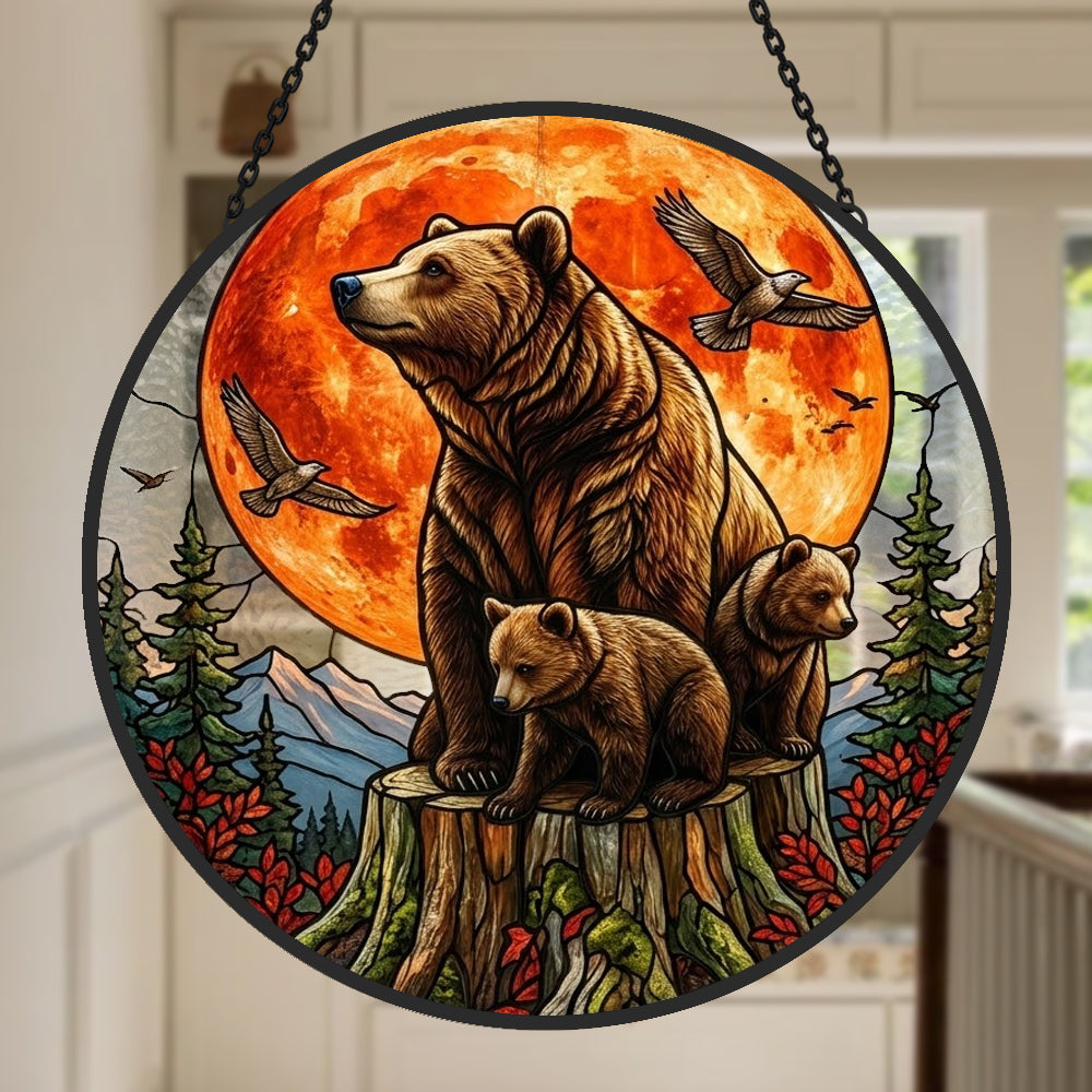 Red moon bear family stained glass suncatcher window hanging, suitable for home and garden decoration