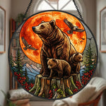 Red moon bear family stained glass suncatcher window hanging, suitable for home and garden decoration