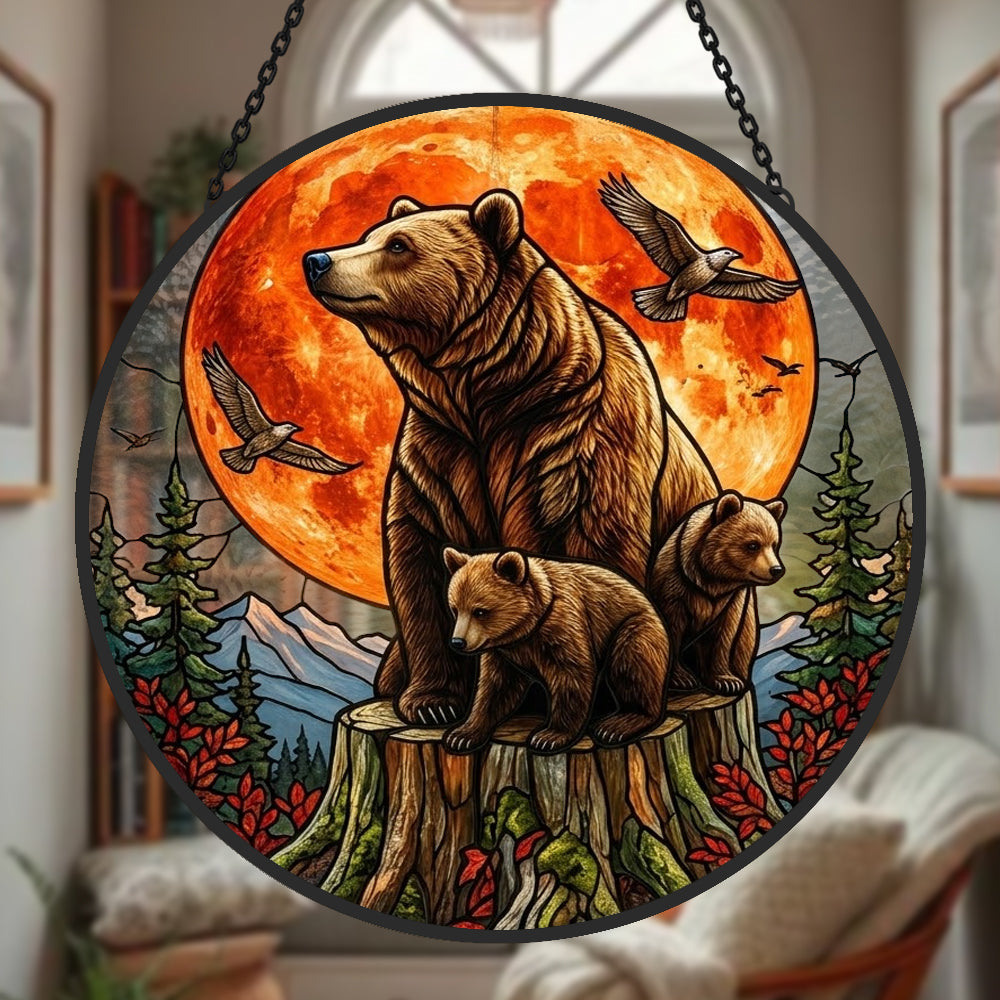 Red moon bear family stained glass suncatcher window hanging, suitable for home and garden decoration