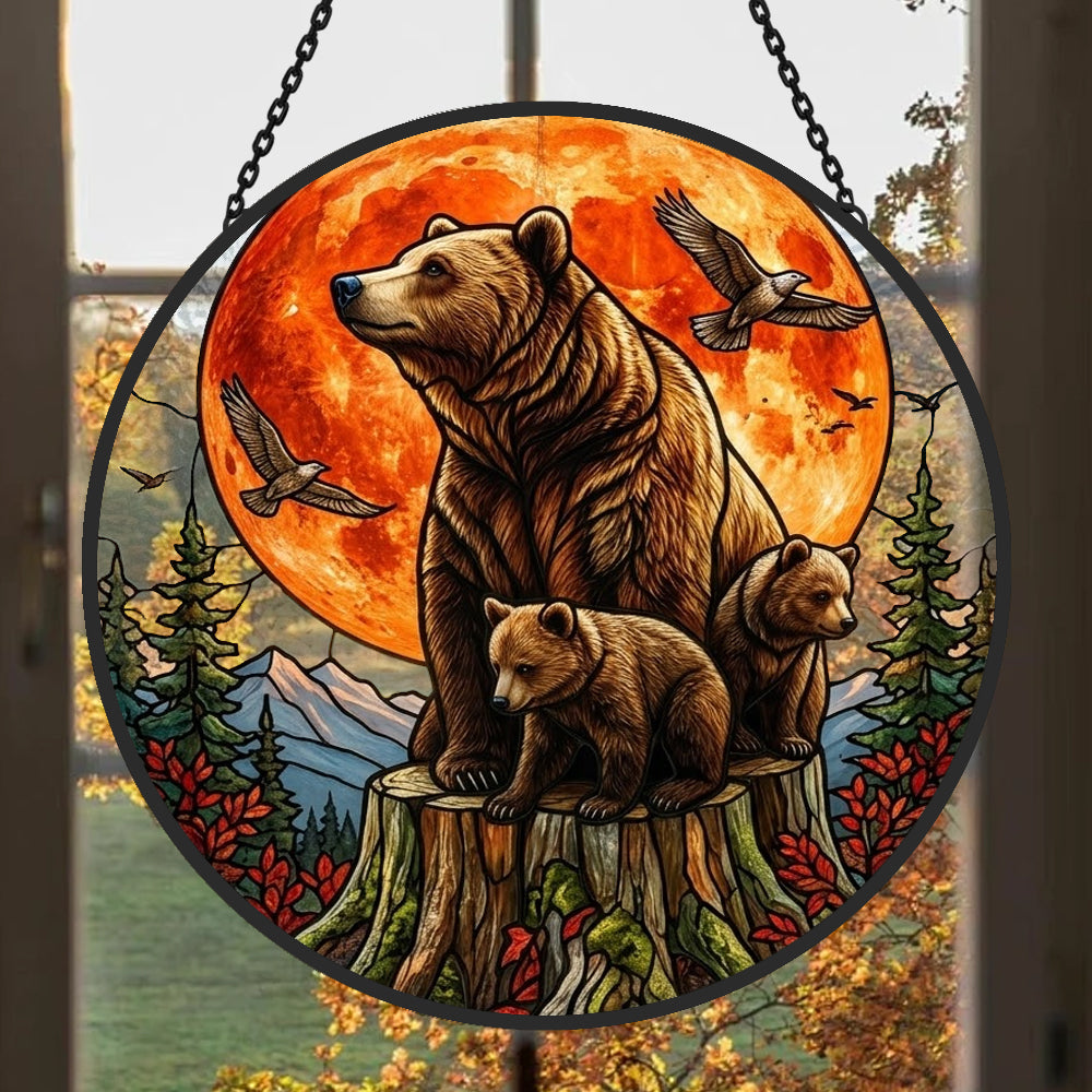 Red moon bear family stained glass suncatcher window hanging, suitable for home and garden decoration