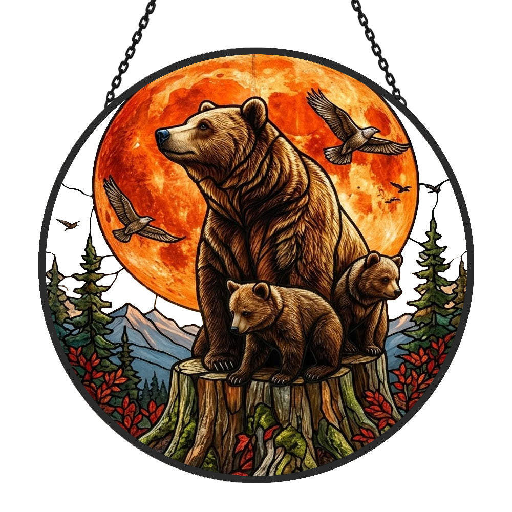 Red moon bear family stained glass suncatcher window hanging, suitable for home and garden decoration