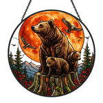 Red moon bear family stained glass suncatcher window hanging, suitable for home and garden decoration