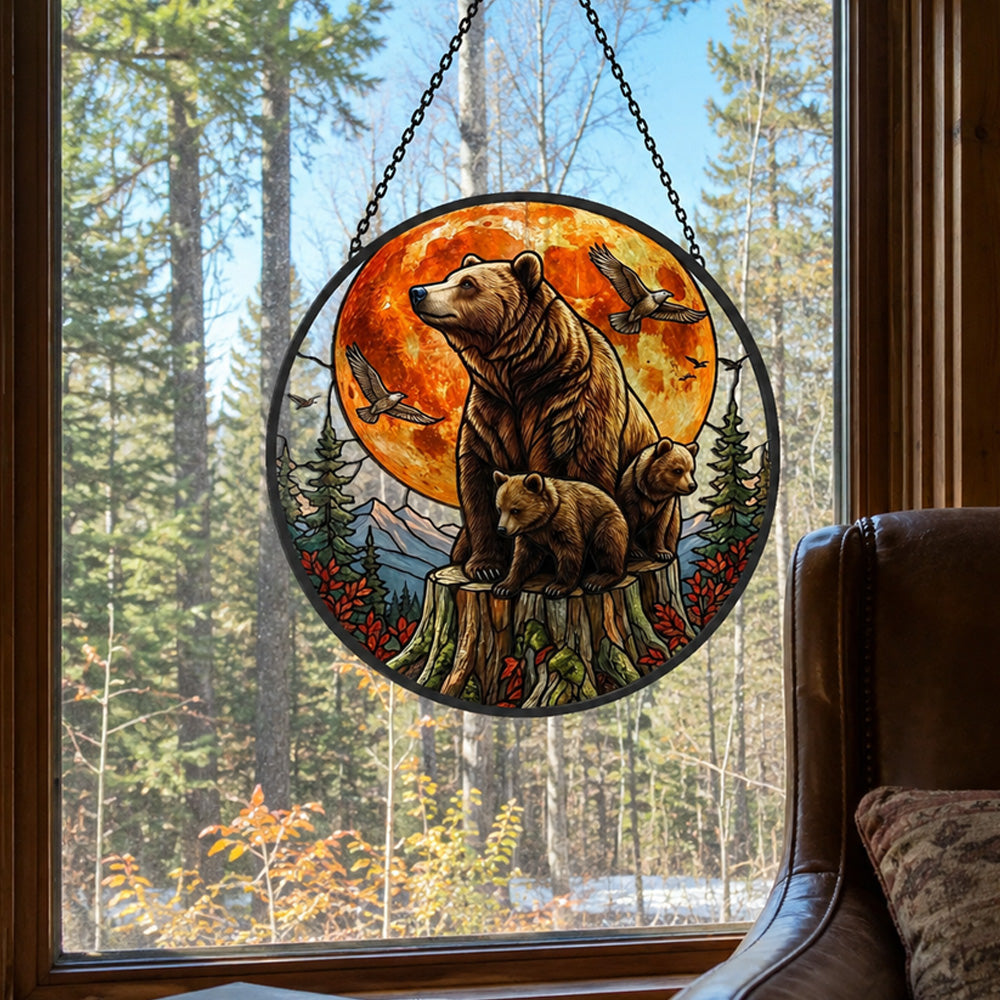 Red moon bear family stained glass suncatcher window hanging, suitable for home and garden decoration