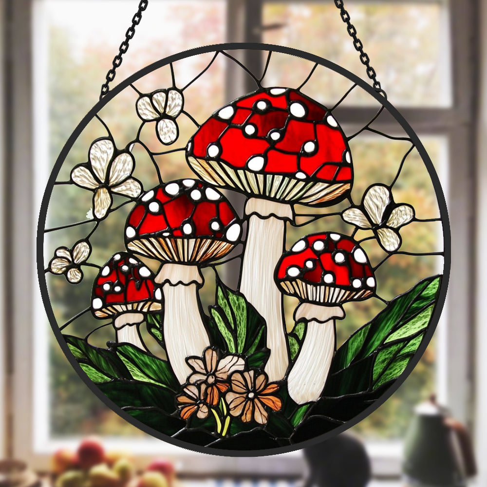 Red mushroom forest stained glass suncatcher window hanging, suitable for home and garden decoration