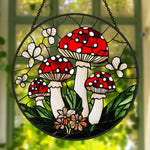 Red mushroom forest stained glass suncatcher window hanging, suitable for home and garden decoration