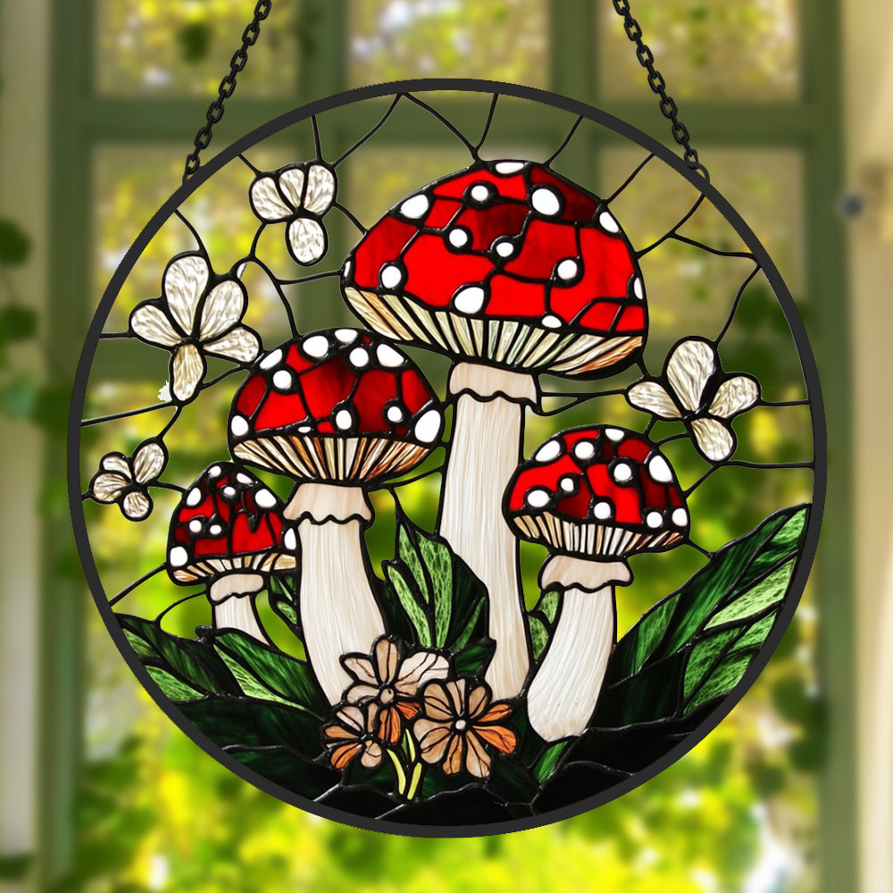 Red mushroom forest stained glass suncatcher window hanging, suitable for home and garden decoration