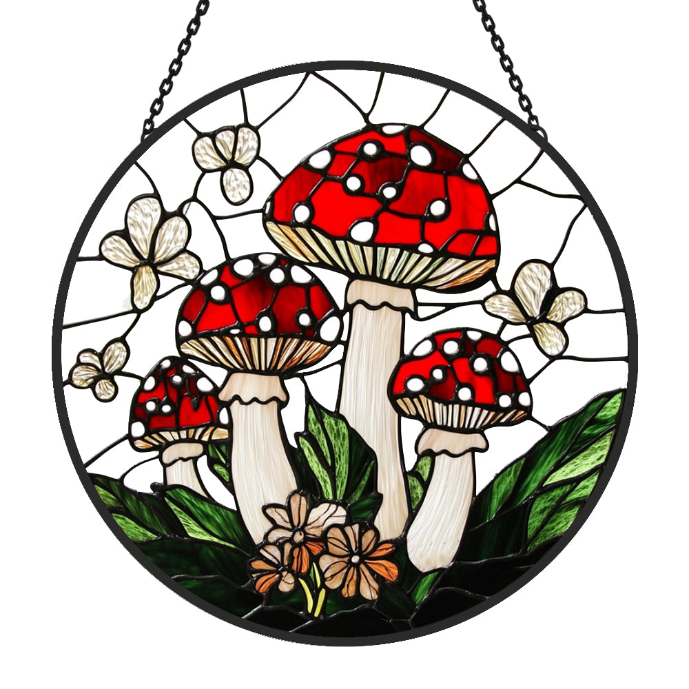 Red mushroom forest stained glass suncatcher window hanging, suitable for home and garden decoration