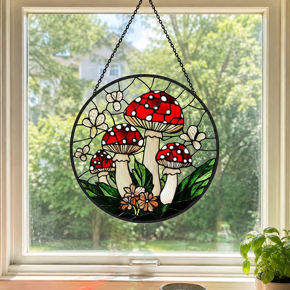Red mushroom forest stained glass suncatcher window hanging, suitable for home and garden decoration
