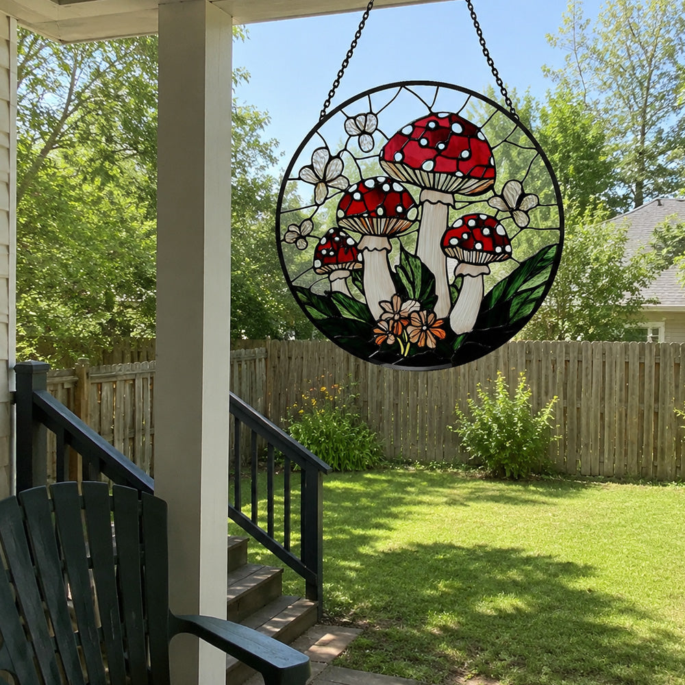 Red mushroom forest stained glass suncatcher window hanging, suitable for home and garden decoration