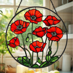 Red poppies stained glass suncatcher window hanging, suitable for home and garden decoration