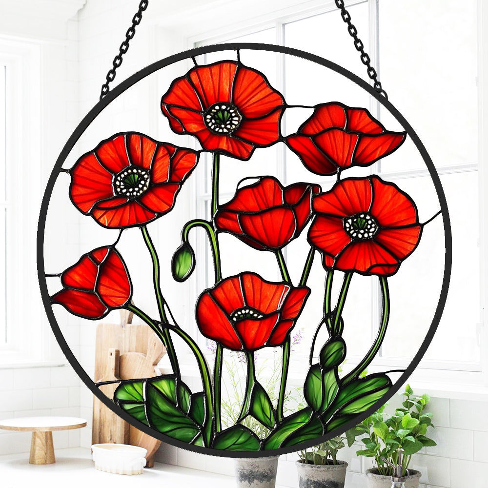 Red poppies stained glass suncatcher window hanging, suitable for home and garden decoration