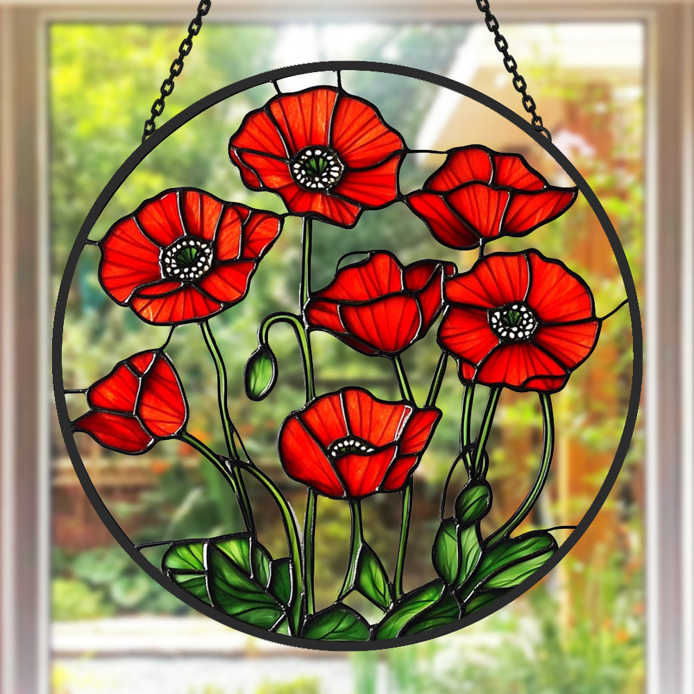 Red poppies stained glass suncatcher window hanging, suitable for home and garden decoration